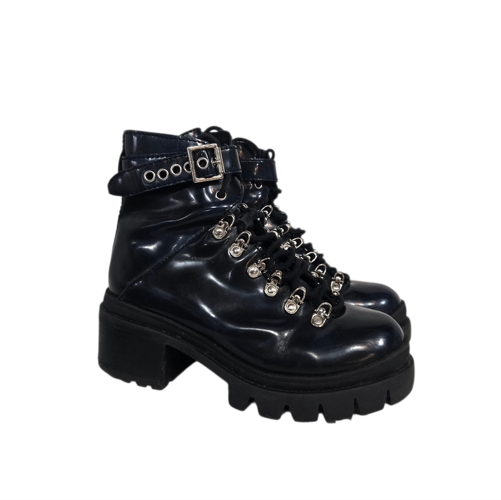 Jeffrey Campbell Czech Navy Patent Leather Combat Boots